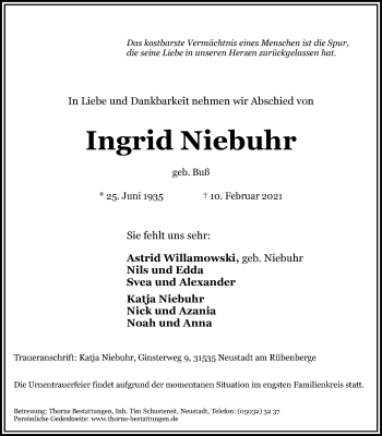 Traueranzeige von Ingrid Niebuhr von Nordwest-Zeitung