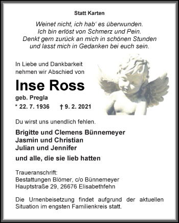 Traueranzeige von Inse Ross von Nordwest-Zeitung