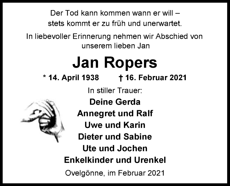  Traueranzeige für Johann (Jan) Ropers vom 22.02.2021 aus Nordwest-Zeitung
