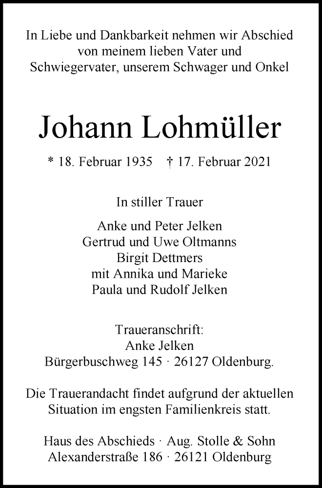  Traueranzeige für Johann Lohmüller vom 20.02.2021 aus Nordwest-Zeitung