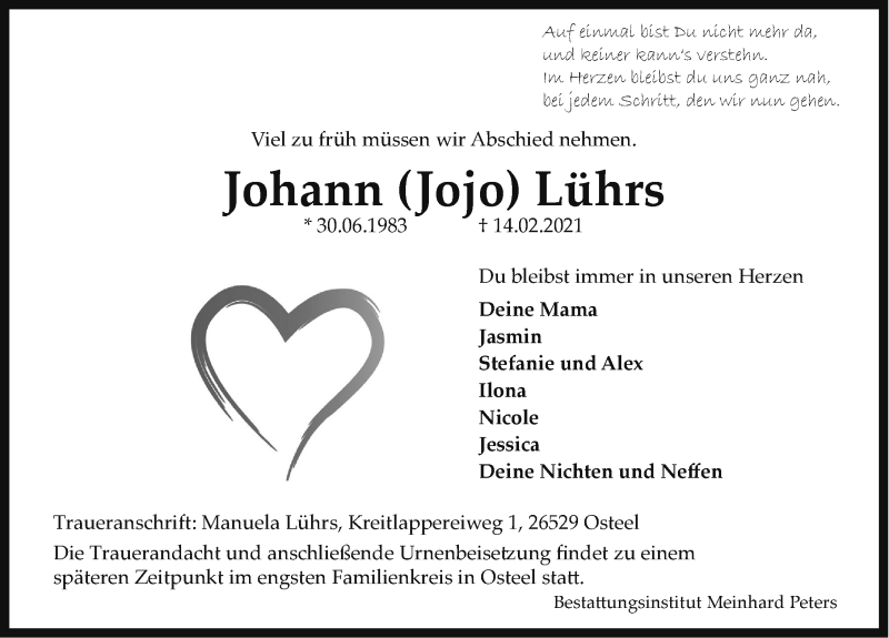  Traueranzeige für Johann Lührs vom 20.02.2021 aus Emder Zeitung