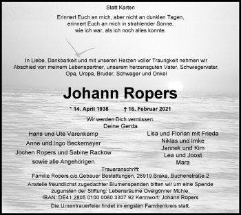 Traueranzeige von Johann Ropers von Nordwest-Zeitung