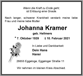 Traueranzeige von Johanna Kramer von Nordwest-Zeitung
