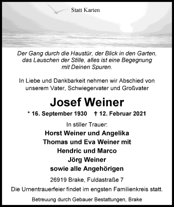 Traueranzeige von Josef Weiner von Nordwest-Zeitung