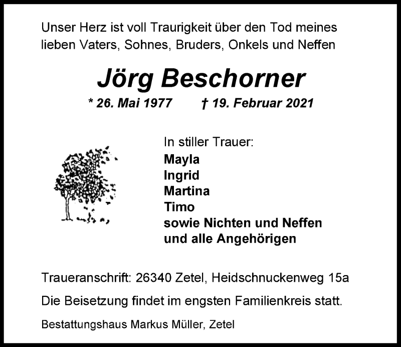  Traueranzeige für Jörg Beschorner vom 23.02.2021 aus Nordwest-Zeitung