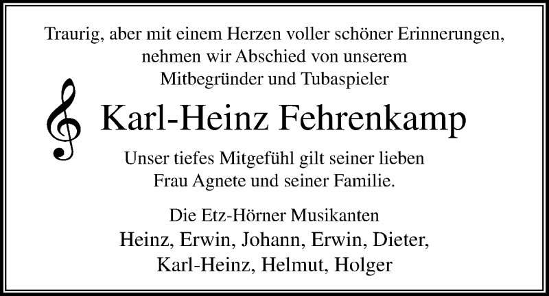  Traueranzeige für Karl-Heinz Fehrenkamp vom 20.02.2021 aus Nordwest-Zeitung