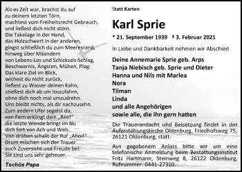 Traueranzeige von Karl Sprie von Nordwest-Zeitung