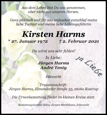 Traueranzeige von Kirsten Harms von Nordwest-Zeitung