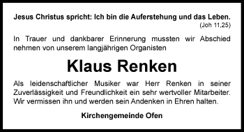 Traueranzeige von Klaus Renken von Nordwest-Zeitung