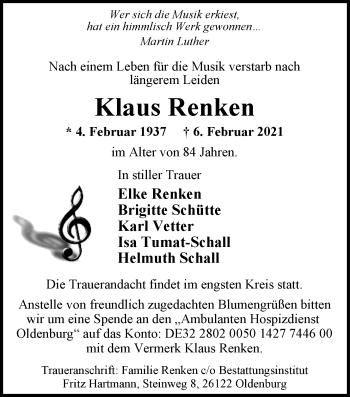 Traueranzeige von Klaus Renken von Nordwest-Zeitung