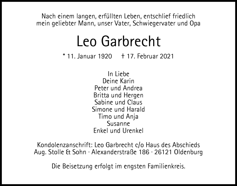  Traueranzeige für Leo Garbrecht vom 20.02.2021 aus Nordwest-Zeitung