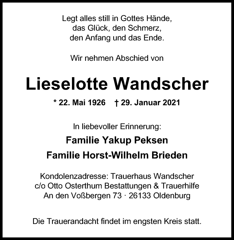  Traueranzeige für Lieselotte Wandscher vom 17.02.2021 aus Nordwest-Zeitung