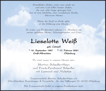 Traueranzeige von Lieselotte Weiß von Nordwest-Zeitung