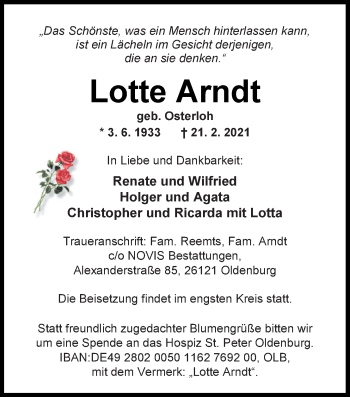 Traueranzeige von Lotte Arndt von Nordwest-Zeitung