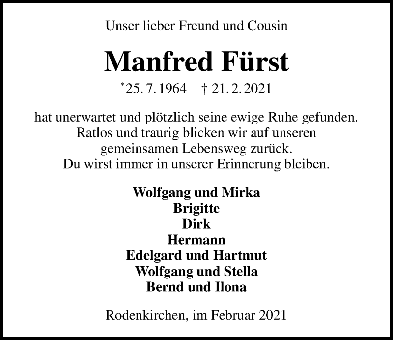  Traueranzeige für Manfred Fürst vom 24.02.2021 aus Nordwest-Zeitung