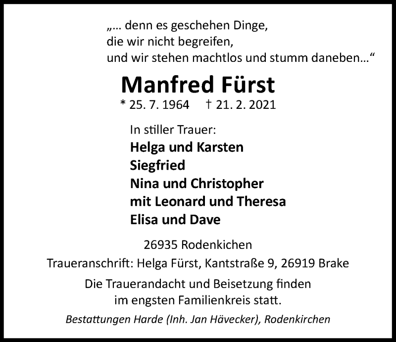  Traueranzeige für Manfred Fürst vom 25.02.2021 aus Nordwest-Zeitung