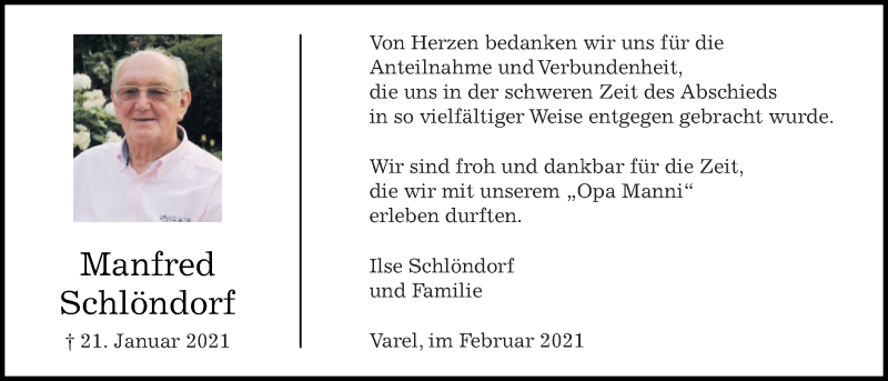  Traueranzeige für Manfred Schlöndorf vom 20.02.2021 aus Nordwest-Zeitung