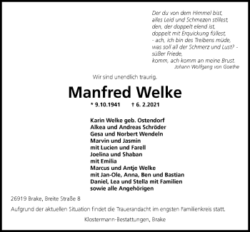 Traueranzeige von Manfred Welke von Nordwest-Zeitung