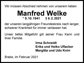 Traueranzeige von Manfred Welke von Nordwest-Zeitung