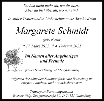 Traueranzeige von Margarete Schmidt von Nordwest-Zeitung