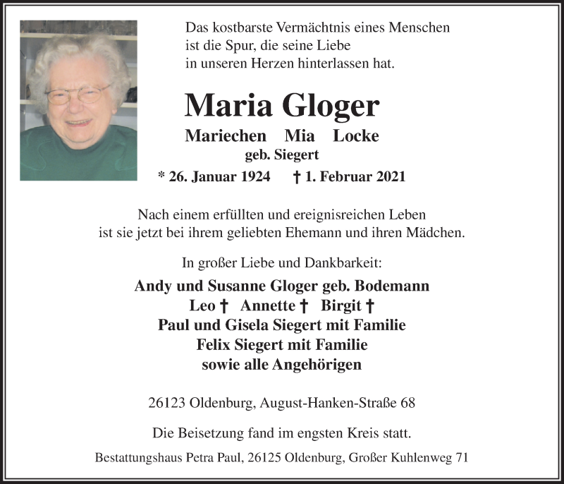 Traueranzeigen von Maria Gloger | nordwest-trauer.de