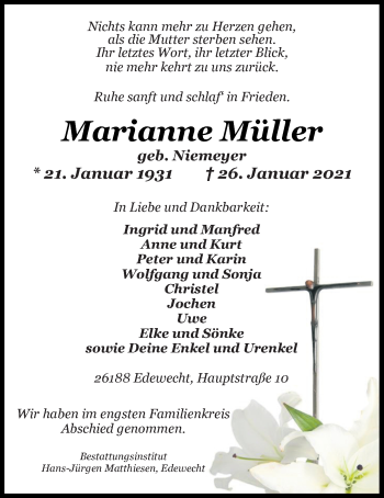 Traueranzeige von Marianne Müller von Nordwest-Zeitung