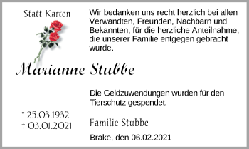 Traueranzeige von Marianne Stubbe von Nordwest-Zeitung