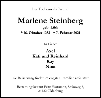 Traueranzeige von Marlene Steinberg von Nordwest-Zeitung