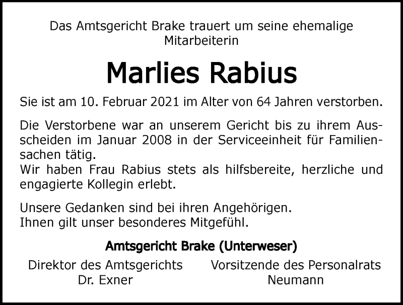 Traueranzeige für Marlies Rabius vom 19.02.2021 aus Nordwest-Zeitung