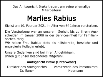 Traueranzeige von Marlies Rabius von Nordwest-Zeitung