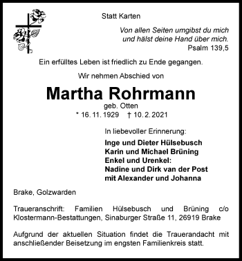Traueranzeige von Martha Rohrmann von Nordwest-Zeitung