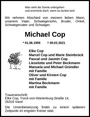Traueranzeige von Michael Cop von Nordwest-Zeitung