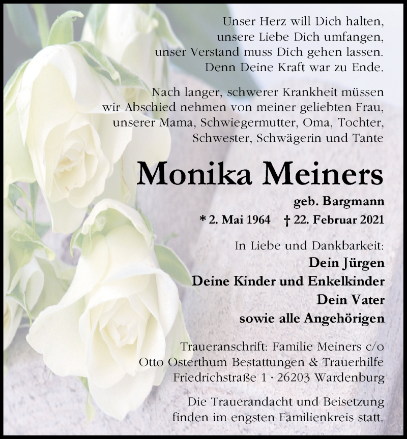  Traueranzeige für Monika Meiners vom 27.02.2021 aus Nordwest-Zeitung