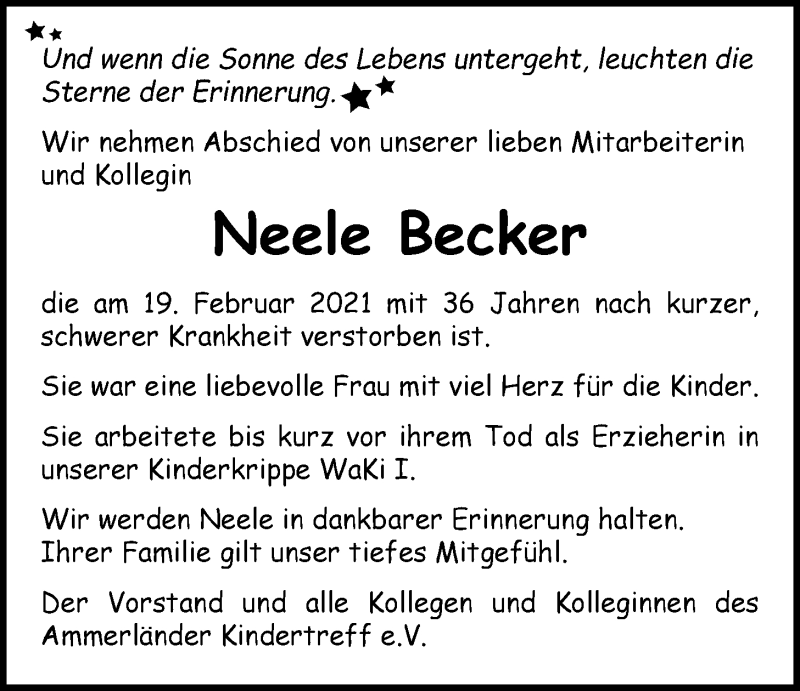  Traueranzeige für Neele Marie Becker vom 27.02.2021 aus Nordwest-Zeitung