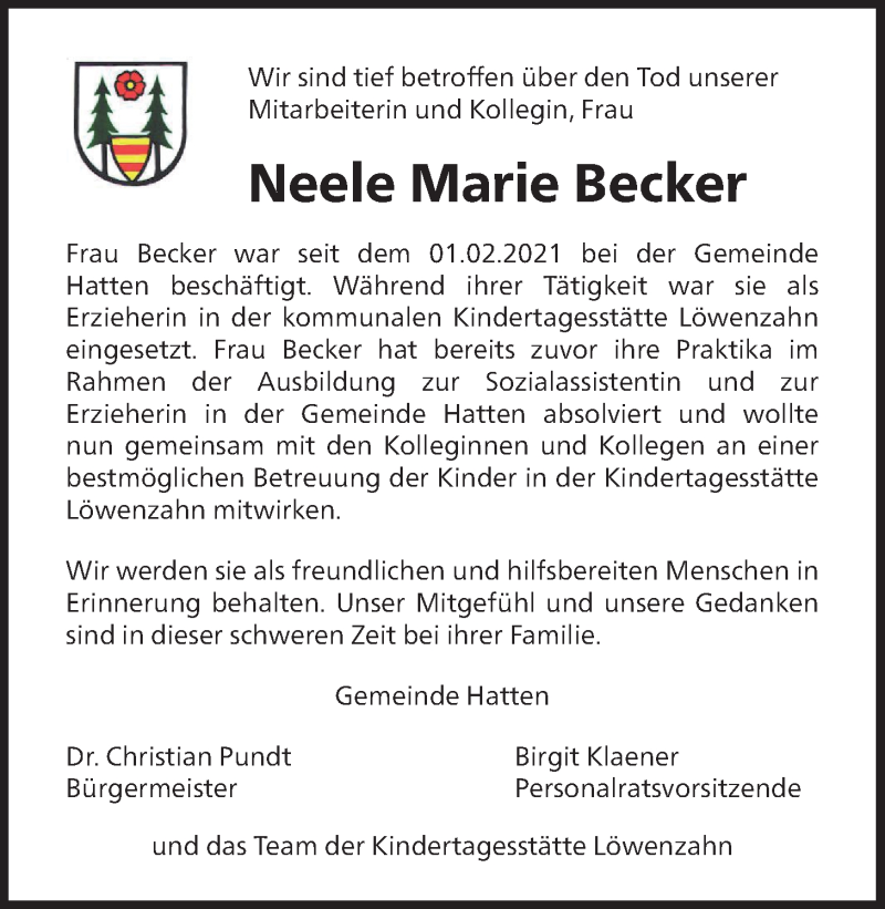  Traueranzeige für Neele Marie Becker vom 27.02.2021 aus Nordwest-Zeitung