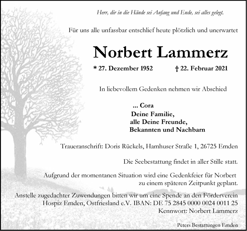  Traueranzeige für Norbert Lammerz vom 27.02.2021 aus Emder Zeitung