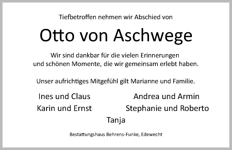  Traueranzeige für Otto von Aschwege vom 13.02.2021 aus Nordwest-Zeitung