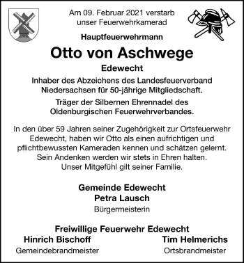 Traueranzeige von Otto von Aschwege von Nordwest-Zeitung