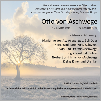 Traueranzeige von Otto von Aschwege von Nordwest-Zeitung