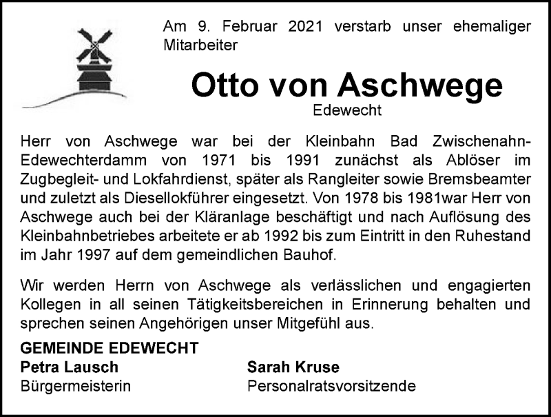  Traueranzeige für Otto von Aschwege vom 13.02.2021 aus Nordwest-Zeitung