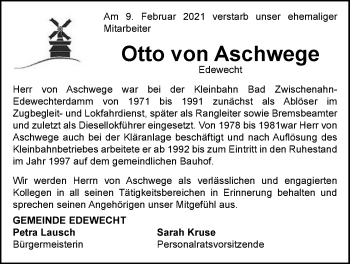 Traueranzeige von Otto von Aschwege von Nordwest-Zeitung