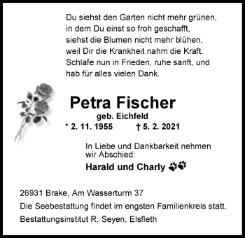 Traueranzeige von Petra Fischer von Nordwest-Zeitung