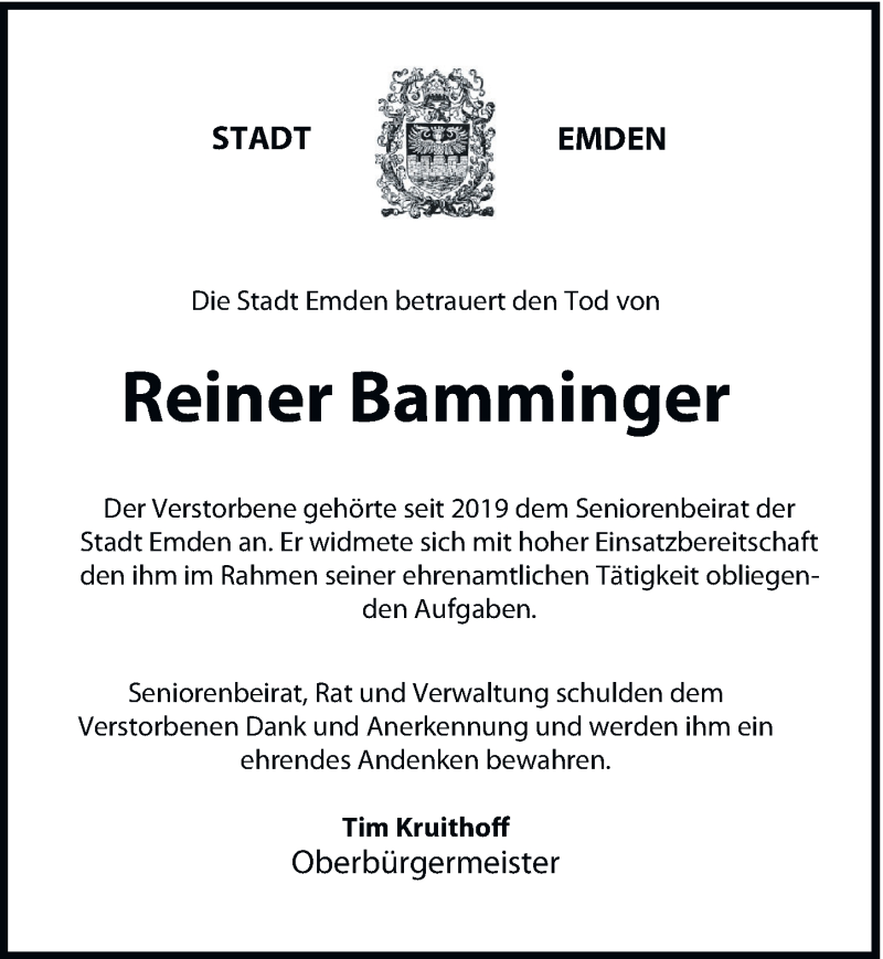  Traueranzeige für Reiner Bamminger vom 20.02.2021 aus Emder Zeitung