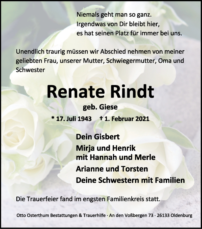  Traueranzeige für Renate Rindt vom 20.02.2021 aus Nordwest-Zeitung
