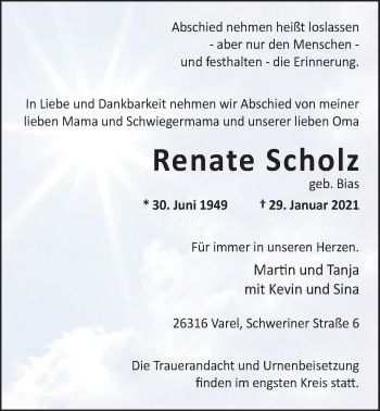Traueranzeige von Renate Scholz von Nordwest-Zeitung