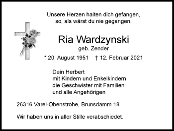 Traueranzeige von Ria Wardzynski von Nordwest-Zeitung