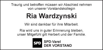 Traueranzeige von Ria Wardzynski von Nordwest-Zeitung