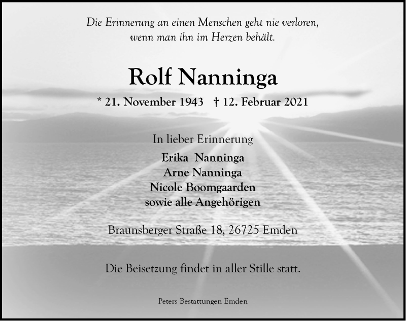  Traueranzeige für Rolf Nanninga vom 16.02.2021 aus Emder Zeitung
