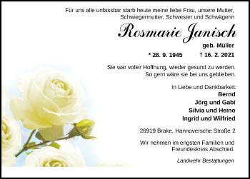 Traueranzeige von Rosemarie Janisch von Nordwest-Zeitung