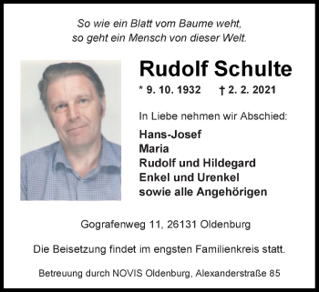 Traueranzeige von Rudolf Schulte von Nordwest-Zeitung